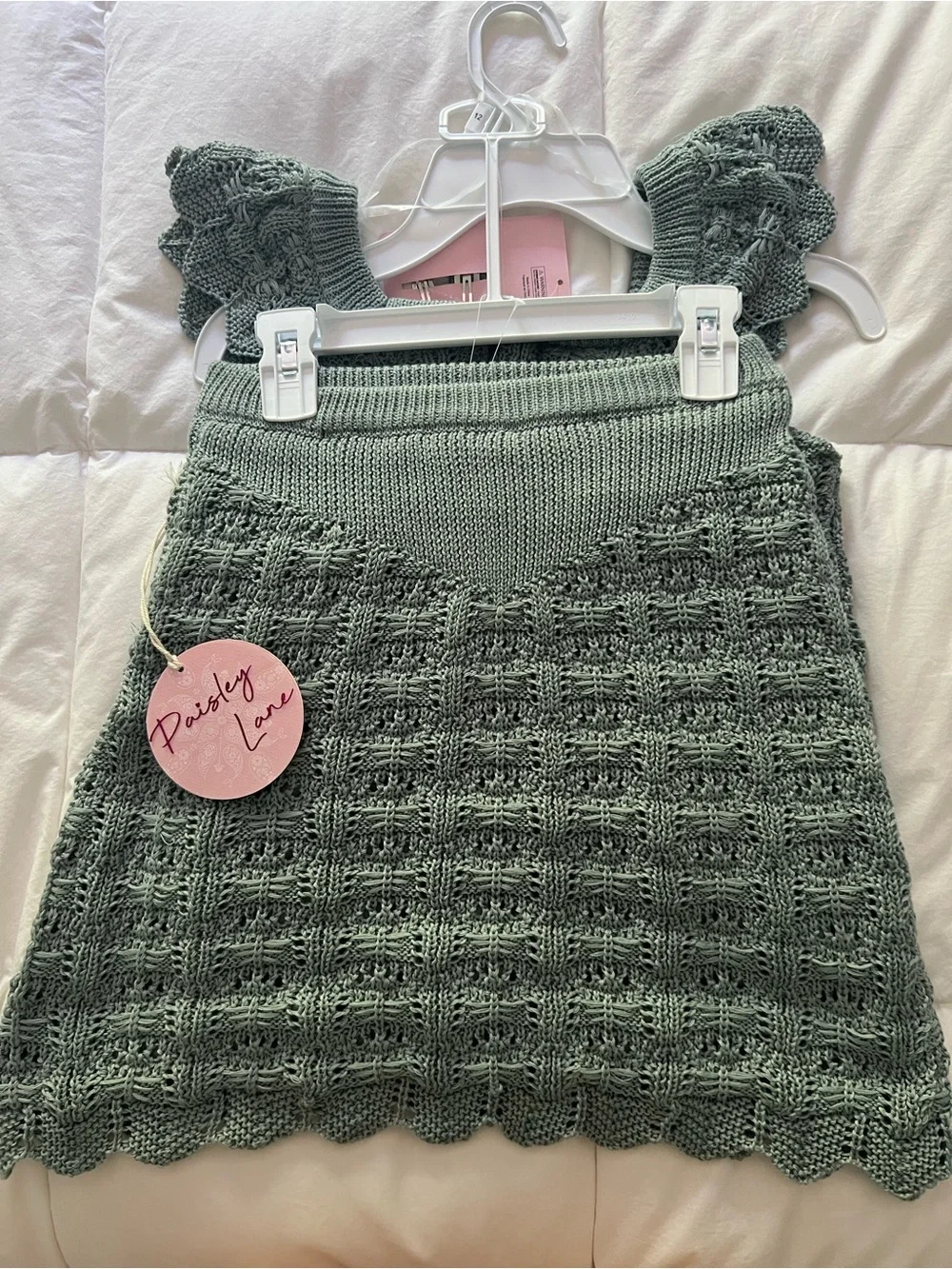 Girls' Knit Lace Overlay Top and Matching Skirt in Sage Green